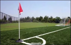 Green soccer field corner with flag and goal