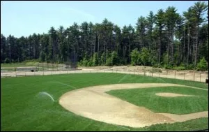 Freshly irrigated baseball field with pine trees behind