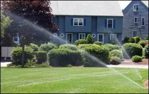 Spray heads watering shrubs and lawn at a condominium complex