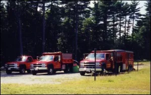 Fleet of red service trucks parked beside a lawn